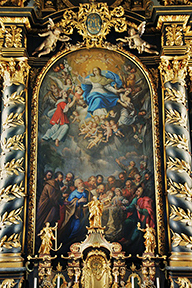 Tod Mariens im Beisein der Apostel und darüber ihre Auffahrt in den Himmel, wo sie schon (im Auszugsbild darüber) von der Hlst. Dreifaltigkeit zur Krönung erwartet wird